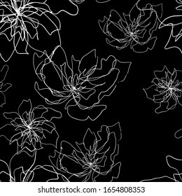 estampado floral abstracto sin soldadura con líneas finas blancas, sofisticadas siluetas de flores sobre fondo negro, ilustración vectorial editable para impresión, decoración, tela, papel pintado