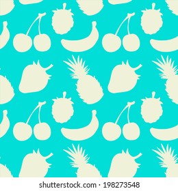 Abstract floral seamless pattern with white silhouettes fruits and berries on a blue background. Pineapple. Strawberry. Cherry. Raspberry. Banana. Endless print texture - vector 