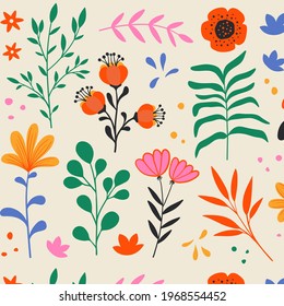 Abstract floral seamless pattern. Wild flowers blossom, colorful medical plants, botanical seamless background in vector