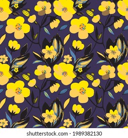 Abstract floral seamless pattern. Yellow colors, painting on a dark purple background. Trendy cherry, anemone, sunflower blossoms print, texture.