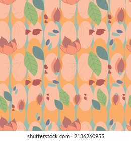 Abstract floral seamless pattern.Bright colors, gouache painting.Botanical seamless pattern. Modern summer background in nature motif. Floral shadows. Imprint plants. Designed for fabric, print.