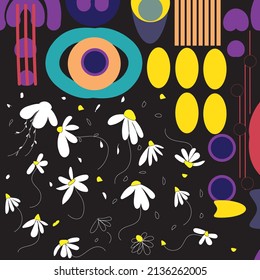 Abstract floral seamless pattern.Bright colors, gouache painting.Botanical seamless pattern. Modern summer background in nature motif. Floral shadows. Imprint plants. Designed for fabric, print.