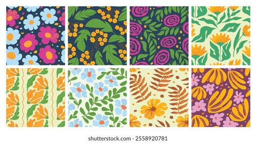 Abstract floral seamless patterns. Blooming flowers and hand drawn leaves, spring botanical motifs and garden blooms. Nature inspired vector backgrounds set.