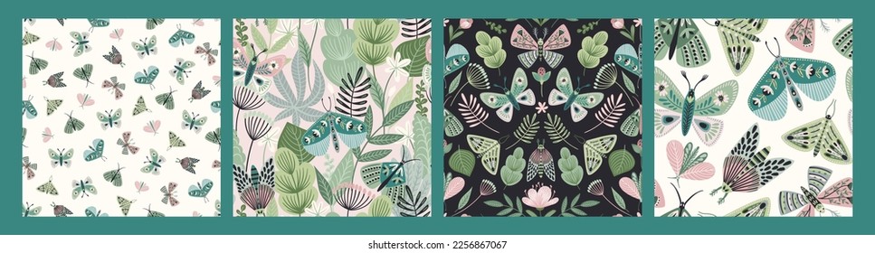 Resumen de patrones florales sin costura con mariposas y polillas. Diseño exótico moderno para papel, cubierta, tela, decoración interior y otros usos.