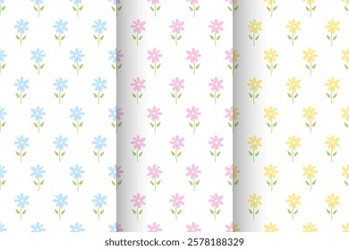 Abstract floral seamless patterns with chamomile. Retro Floral Posters. Floral banners with colorful daisies on white background. Vertical banners with flowers and foliage. Wallpaper, textile, prints