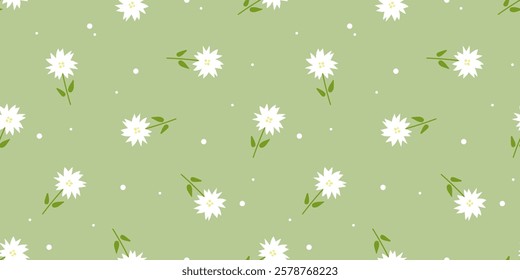 Abstract floral seamless patterns with chamomile. Abstract background with white flowers and splashes. Ditsy style. Spring flower background. Modern abstract design for paper, cover, dress design