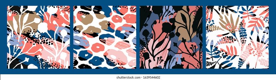 Abstract floral seamless patterns with trendy hand drawn textures. Modern abstract design for paper, cover, fabric, interior decor and other users