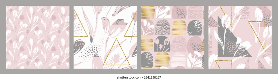 Abstract floral seamless patterns with tulips and geometric elements. Trendy hand drawn textures. Modern abstract design for,paper, cover, fabric and other users