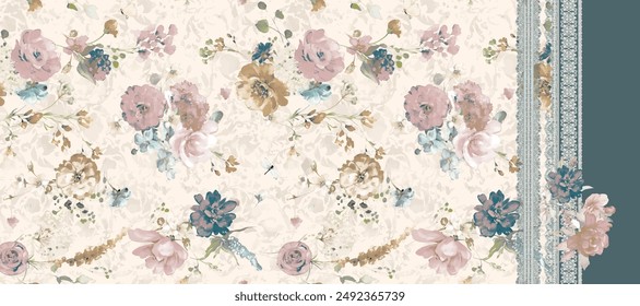 Abstract floral seamless print beautiful bouquets of roses drawn by paints with buds and foliage.
