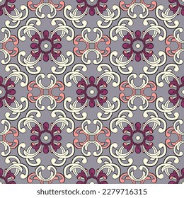Abstract floral seamless print, geometric chrysanthemums in oriental style. Tiles of stylized light flowers with a purple core, gray background. Ideal for any of your design or project.