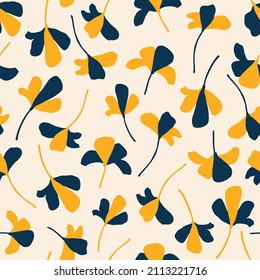 Abstract floral seamless repeat pattern. Random placed, vector flowers all over background print.