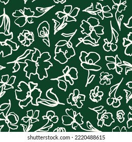 Abstract floral seamless repeat pattern. Random placed, vector flowers with leaves all over surface print on dark green background.