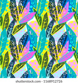 Abstract floral seamless rough grunge pattern, modern design template.  Hipster trendy painted style texture, poster with different doodle elements.Urban bright youth textiles sample