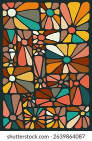 Abstract floral seamless stained glass-style pattern with vibrant geometric colors