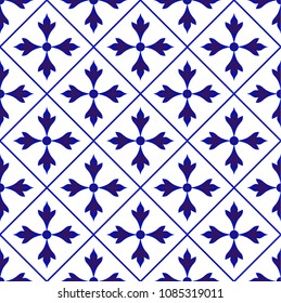 Abstract floral seamless Thai pattern, blue and white modern shape for design, porcelain, chinaware, ceramic, tile, ceiling design, texture, wall, paper and fabric, vector illustration