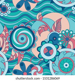 Abstract floral seamless vector background. Blue decorative pattern with stylized geometric waves and flowers
