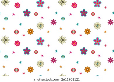 Abstract floral seamless vector pattern with vintage groovy flowers Groovy Floral Pattern Retro  Background Multicolored elements arranged on clean white isolated background