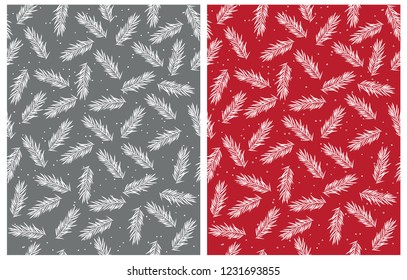 Abstract Floral Seamless Vector Patterns with White Spruce Tree Twigs Isolated on a Red and Gray Background. Simple Repeatable Winter Holidays Print with Christmas Tree Twigs with Snowflakes.