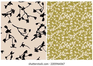 Resumen de patrones de vectores sin soldadura floral con pelucas dibujadas a mano en negro y beige sobre fondo verde y beige. Simple Impresión Botánica Irregular Repetible ideal para Tejidos, Textiles.