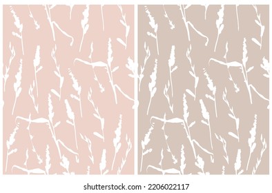 Abstract Floral Seamless Vector Patterns with White Hand Drawn Twigs Isolated on a Pastel Pink and Light Beige Background. Simple Irregular Botanical Repeatable Print ideal for Fabric, Textile.
