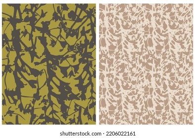 Abstract Floral Seamless Vector Patterns with Brown Hand Drawn Twigs on a Warm Green and Light Beige Background. Simple Irregular Botanical Repeatable Print ideal for Fabric, Textile.