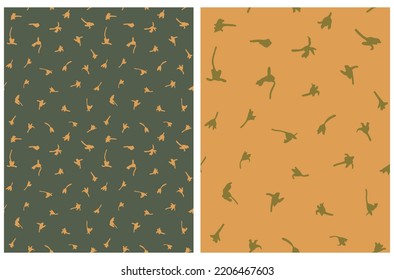 Abstract Floral Seamless Vector Patterns with Tiny Hand Drawn Twigs on a Dark Green and Orange Background. Simple Irregular Botanical Repeatable Print ideal for Fabric, Textile.