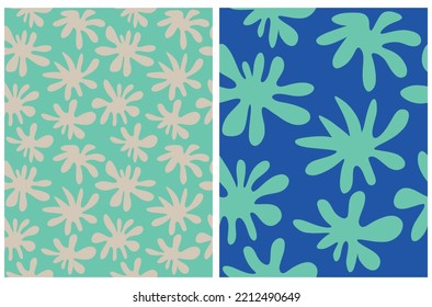 Abstract Floral Seamless Vector Patterns with Beige and Mint Blue Hand Drawn Flowers on a Blue and Mint Background. Funny Irregular Geometric Print ideal for Fabric, Textile, Wrapping Paper.