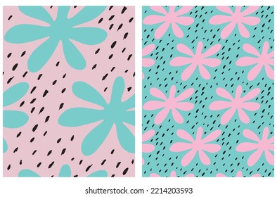 Abstract Floral Seamless Vector Patterns with Hand Drawn Flowers and Black Spots on a Pastel Pink and Light Mint Blue Background. Funny Irregular Geometric Print ideal for Fabric, Wrapping Paper.