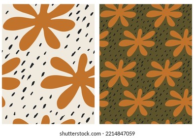 Abstract Floral Seamless Vector Patterns with Orange Hand Drawn Flowers and Black Spots on a Beige and Green Background. Funny Irregular Geometric Print ideal for Fabric, Wrapping Paper.Autumn Colors.