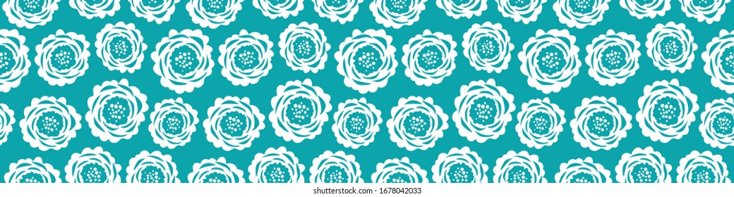 Abstract floral seamless vector repeat border. Illustration of cut out style scabious flower illustration. Modern meadow flora blue white banner. Summer bloom concept ribbon, edge trim, washi tape