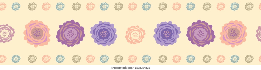 Abstrakte, nahtlose Vektorillustration mit floraler Nahtlose Wiederholung der Grenze. Illustration von ausgeschnittener, skabiver Blumengrafik. Modernes Blütenbanner für Pastellfarben. Sommerblütenkonzept Bänder, Kantenschneiden, Waschbänder
