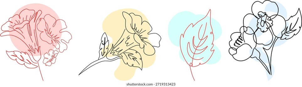 Conjunto floral Abstractas con flores de línea continua y coloridas Formas orgánicas.