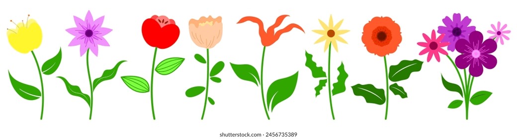 Abstract floral set on a white background. collection of multicolored flowers with petals, stems, leaves, and floral bouquets. Botanical elements for spring art.
