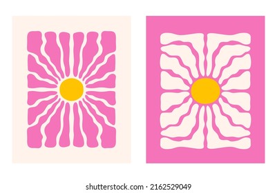 Abstract floral set posters and various blossom groovy flowers  Naive minimal art decor  Trendy hand drawn vector illustration