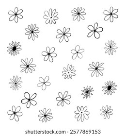 Abstract floral set sketched in black ink on a white backdrop. Vector illustration of botanical elements with expressive strokes.