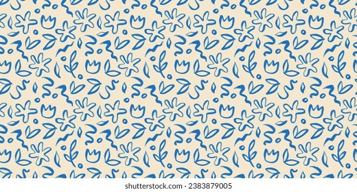 Abstract floral shape art seamless pattern with blue nature doodles. Hand drawn cartoon background, simple flower shapes and leaf in watercolor painting style. 