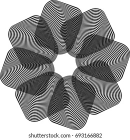 Abstract floral shape with circular striped petals on white background. Vector illustration. Abstract twisted black and white linear ornament. Design element for web, paper, wallpaper.