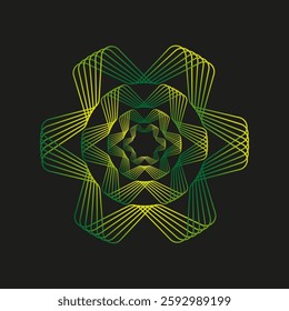 Abstract floral shape. Green yellow symmetry. Geometric line pattern. Dark background contrast.