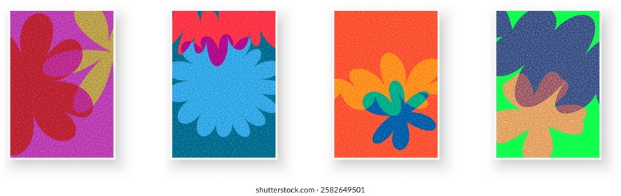Abstract floral shapes in bold, overlapping layers. A vibrant mix of red, blue, orange, and green on textured backgrounds.