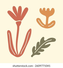Abstract floral shapes with a groovy, retro style create a playful pattern. Organic forms and flowing lines evoke a sense of movement and creativity. Cartoon vector illustration.