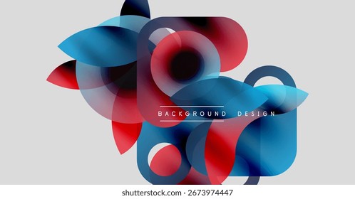Abstract floral shapes overlap, creating vibrant red, blue gradients. Modern design elements suggest dynamic composition, smooth transitions.