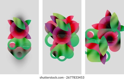 Abstract floral shapes overlap, creating vibrant color blends. Backgrounds feature text background design. Minimalist style, modern aesthetic.
