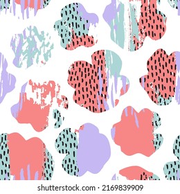 Abstract floral shapes with texture, scribble, brush strokes background. Hand painted stroke, dots, stains, smears minimal texture flower seamless pattern. Minimal print design. Vector art