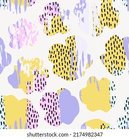 Abstract floral shapes with texture, scribble, brush strokes background. Hand painted stroke, dots, stains, smears minimal texture flower seamless pattern. Minimal print design. Vector art