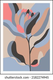 Abstract floral silhouettes poster print in retro colors. Protea flowers, leaves motif on collage background in modern style. Vector exotic design for paper, template, interior decor, minimal print.