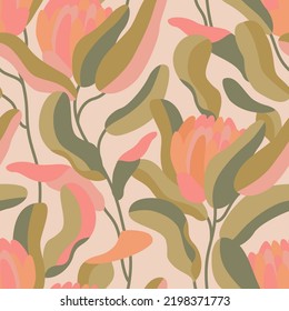 Abstract floral silhouettes seamless pattern in retro colors. Protea flowers, leaves motif background in modern style. Vector exotic design for paper, cover, fabric, interior decor, minimal print.