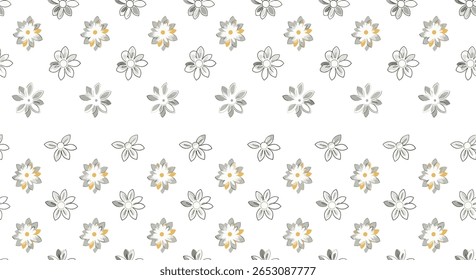 Abstract floral snowflake pattern with scattered dots and subtle shimmering gold and silver accents on a clean white background for festive and decorative applications