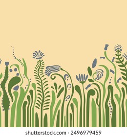 Fondo cuadrado floral Abstractas con flores con un tallo largo, pedal y espacio de copia para el Anuncio, redes sociales, postal, arte contemporáneo en Bauhaus, estilo groovy