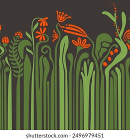 Abstract floral square dark background with flowers with a long stem, footstalk and copy space for banner, social media, postcard, contemporary art in bauhaus, groovy style