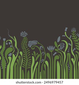 Abstrakter, floraler, quadratischer, dunkler Hintergrund mit Blumen mit langem Stiel, Fuß- und Kopienraum für Banner, Social Media, Postkarte, zeitgenössische Kunst im Bauhaus, grooviger Stil